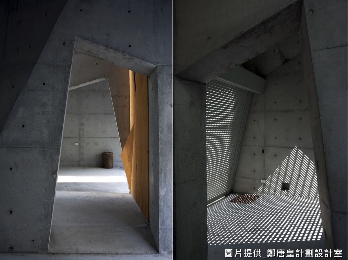 從梢楠木大門走入,可見到純粹的清水模建材,刻意以斜線、直線等線條做出幾何與折角的變化,營造空間曲折感,符合當代數位折板的概念。 從梢楠木大門走入,可見到純粹的清水模建材,刻意以斜線、直線等線條做出幾何與折角的變化,營造空間曲折感,符合當代數位折板的概念。