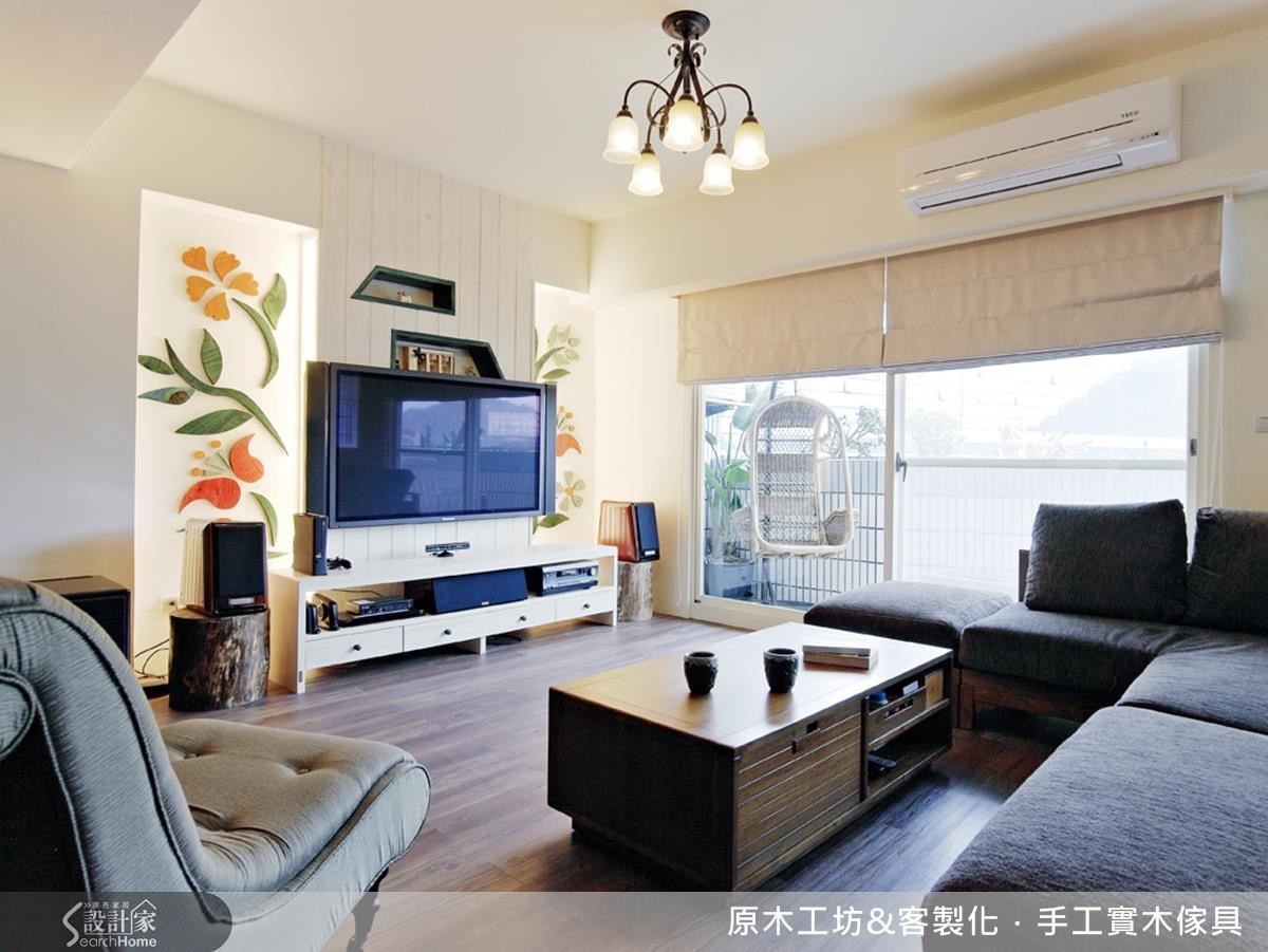 低彩度的客廳設計,春天百花齊放的概念與帶有休憩概念的仿籐吊椅及落地窗相呼應,使客廳充滿生氣。 低彩度的客廳設計,春天百花齊放的概念與帶有休憩概念的仿籐吊椅及落地窗相呼應,使客廳充滿生氣。