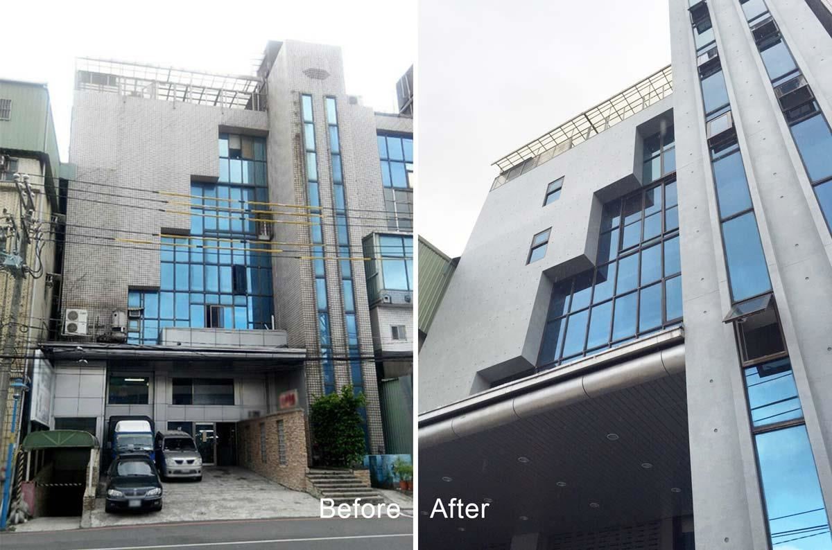 左邊原建築面貼的二丁掛磚,經過一段時間後沾黏不少汙漬,右邊是換上清爽清水模質地的新貌,相信幾年後再來看還是這麼精神! 左邊原建築面貼的二丁掛磚,經過一段時間後沾黏不少汙漬,右邊是換上清爽清水模質地的新貌,相信幾年後再來看還是這麼精神!