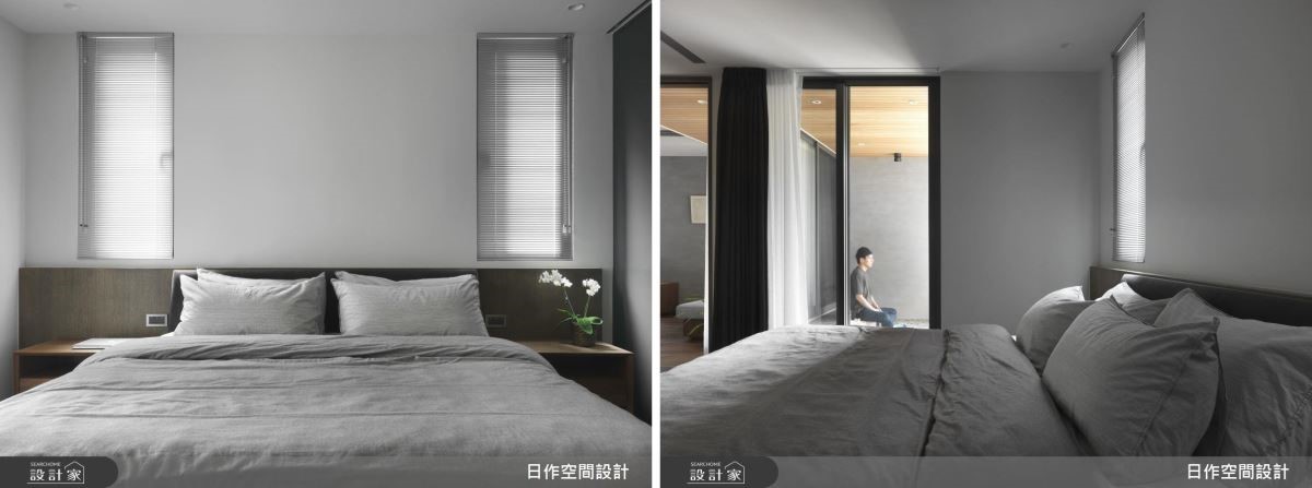 主臥床頭藉兩側小開窗引入光源,並以百葉簾提高起居隱私。一旁通透玻璃拉門則為臥房延攬進陽台景致。 主臥床頭藉兩側小開窗引入光源,並以百葉簾提高起居隱私。一旁通透玻璃拉門則為臥房延攬進陽台景致。