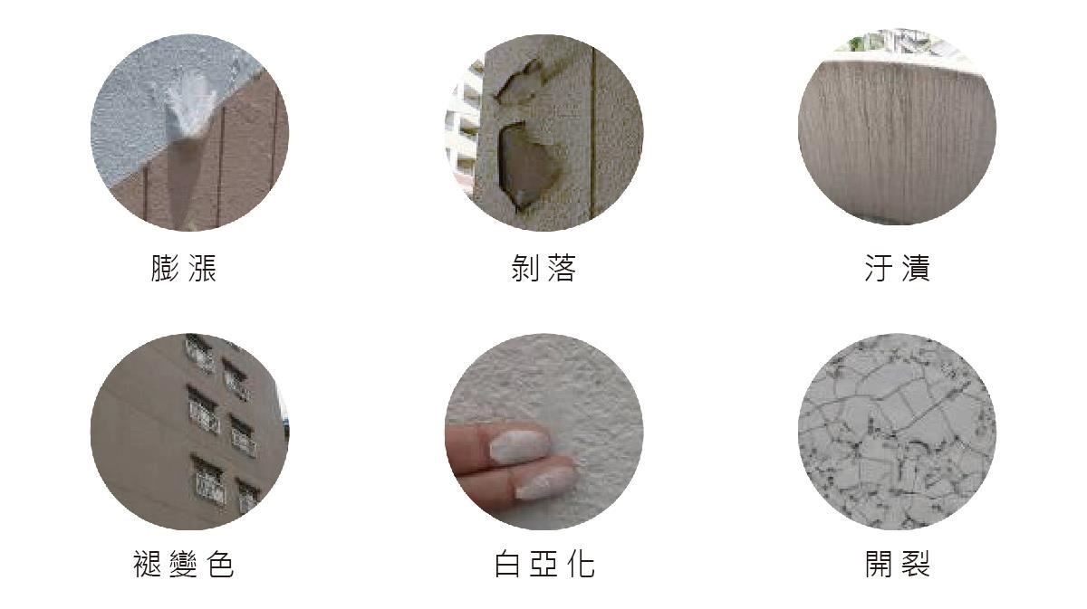 建物常見的各種外牆面飾材劣化症狀。 建物常見的各種外牆面飾材劣化症狀。