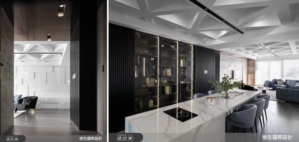 設計師一路從玄關黑色隔柵懸櫃開始延伸到餐廳的黑色餐櫃,創造大面積 L 型收納空間,搭配玻璃材質賦予展示機能。 設計師一路從玄關黑色隔柵懸櫃開始延伸到餐廳的黑色餐櫃,創造大面積 L 型收納空間,搭配玻璃材質賦予展示機能。